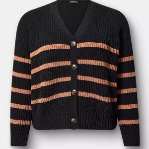 Torrid Chenille V-Neck Cardigan in Black and Toffee Stripes Plus Size 1X